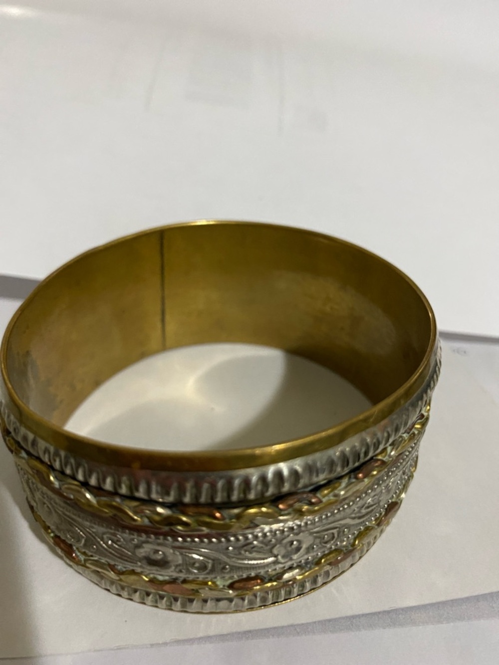 Vintage Boho Wide Bangle Bracelet Tri-Tones: Brass, Silver and Copper